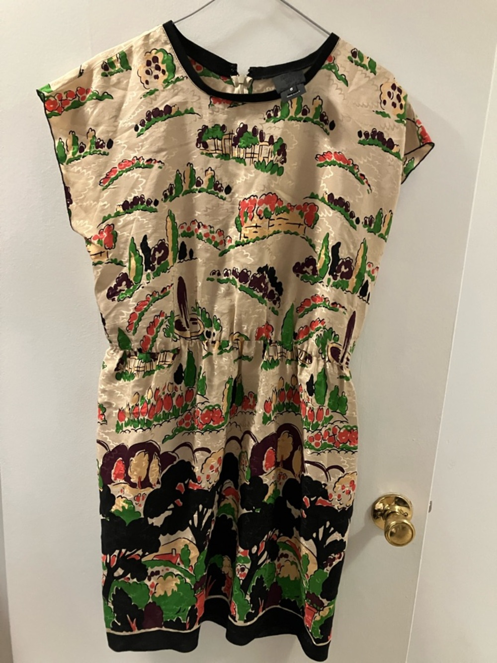 Anna Sui Cream Dress with Green, Black and Red Scenic Print